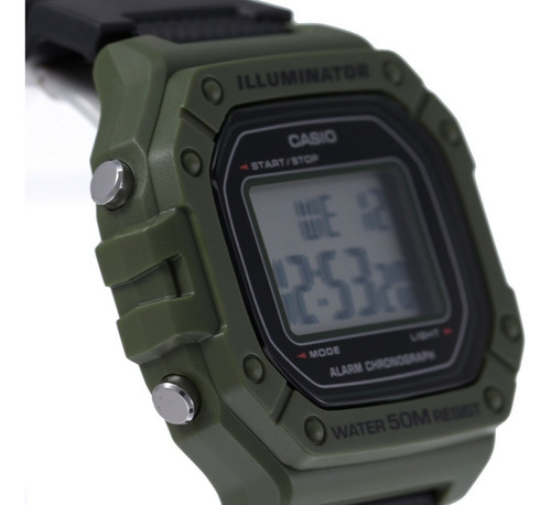 Reloj pulsera Casio Youth W-218H de cuerpo color verde, digital, para hombre, fondo gris, con correa de resina color negro, dial negro, minutero/segundero negro, bisel color verde, luz ámbar y hebilla simple