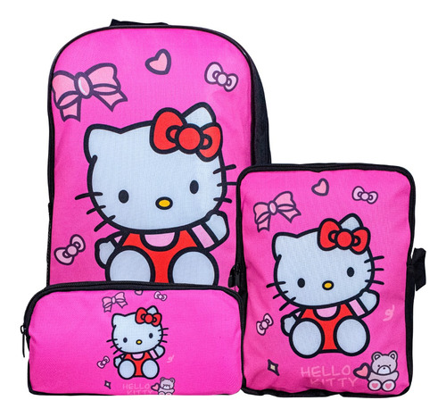 Set 3 Mochila Lunchera Lapicera Lona Escolar Hello Kitty Lz