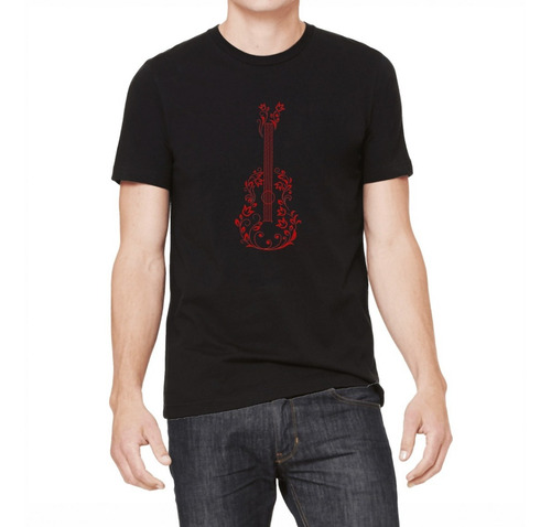 Imagen 2 de 5 de Remera Negra Guitarra Música Mujer Hombre Algodón Peinado