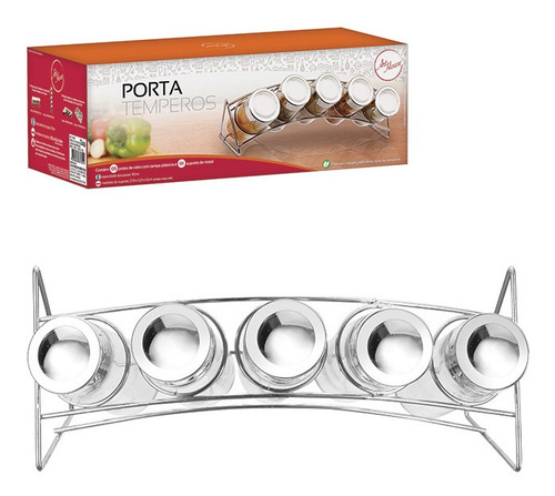 Porta Temperos 5 Peças + Suporte De Metal Curvado Meia Lua