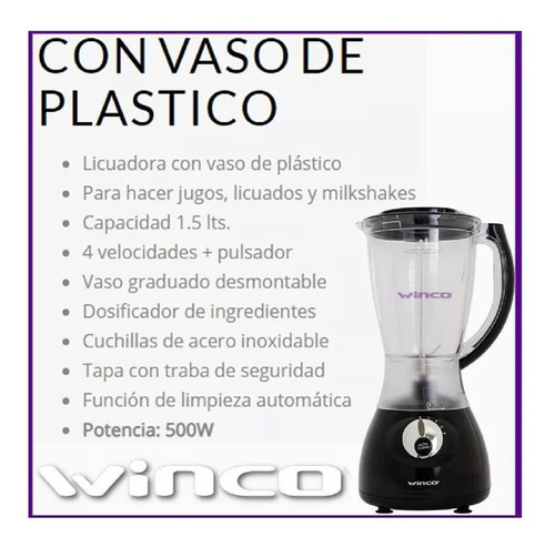 Licuadora Pica Hielo 4 Velocidades Jarra 1,5 Lts 500 W Winco Oferta Licuados Jugos Fitness Excelente Calidad