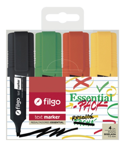 Resaltadores Filgo Essential Pack X4 U Text Marker Biselada