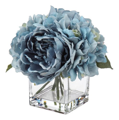 Hortensias, Peonías Y Rosas Artificiales De Seda Con Jarrón