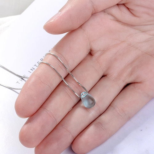 Imagen 6 de 7 de Collar Y Aretes Plata 925 Dije Gota Azul De Cristal Mujer