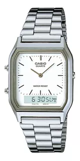 Reloj pulsera Casio AQ-230 de cuerpo color plateado, analógico-digital, fondo blanco y gris, con correa de acero inoxidable color plateado, agujas color plateado, dial negro y plateado, minutero/segun