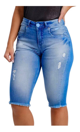 Short Feminino Jeans Bermuda Até O Joelho Ciclista Lycra