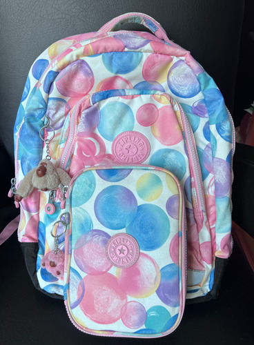 Mochila Kipling Class Room Original Rosa Con Burbujas De Colores Estampado (Usado)