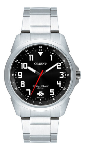 Relógio de pulso Orient MBSS1154A com corpo prata,  analógico, para masculino, fundo  preto, com correia de aço inoxidável cor prata, agulhas cor preto, branco e vermelho, subdials de cor branco e prateado, ponteiro de minutos/segundos branco, bisel cor prata e dobrável