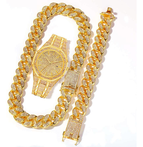 Reloj Hip Hop Dorado Ap Cadena Y Pulsera 