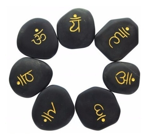 Set De  7 Piedras De Jaspe Negro Labradas Chakra Sanskrit