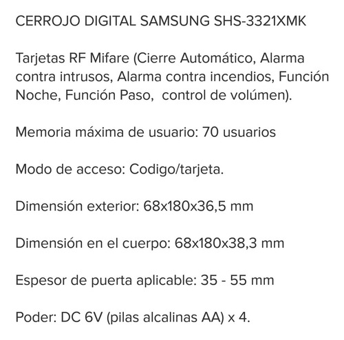 Cerrojo Digital Samsung Shs-3321 (claves/tarjetas) Promocion
