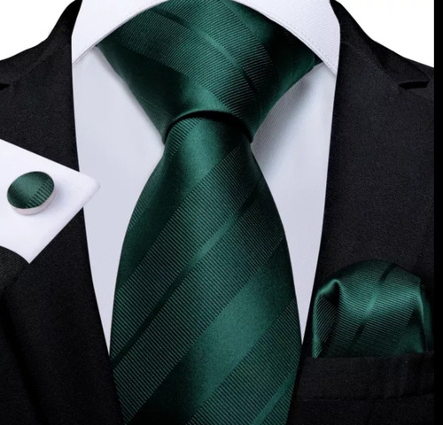 Set Matrimonio Corbata Pañuelo Y Colleras. Elegante. Verde 