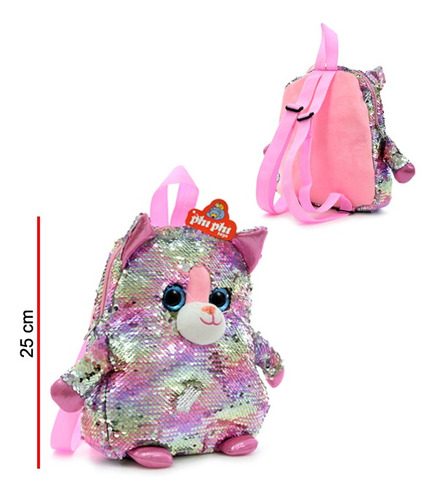 Mochila Infantil Lentejuelas Mágicas Gato Importado Peluche