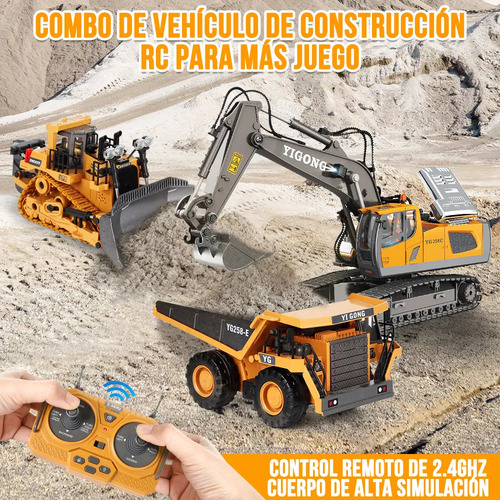 Juguete de Excavadora Slowton Control Remote Amarillo Niños 11 Canales 2.4g Recargable con Luces Sonidos