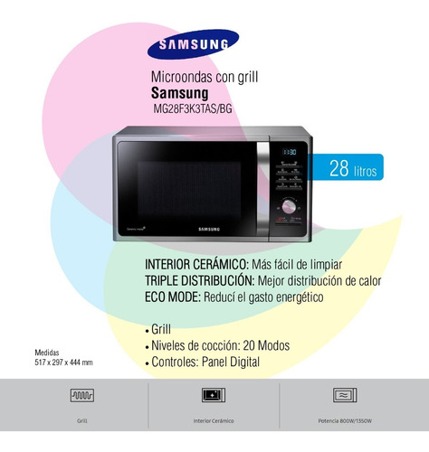 Imagen 2 de 7 de Microondas Samsung Con Grill Silver Mg28f3k3tas/bg Cuotas