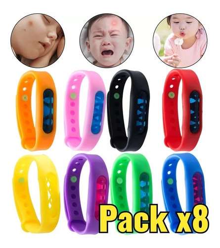 Imagen 1 de 10 de Pack X8 Pulsera Repelente Anti Mosquito Niños Verano