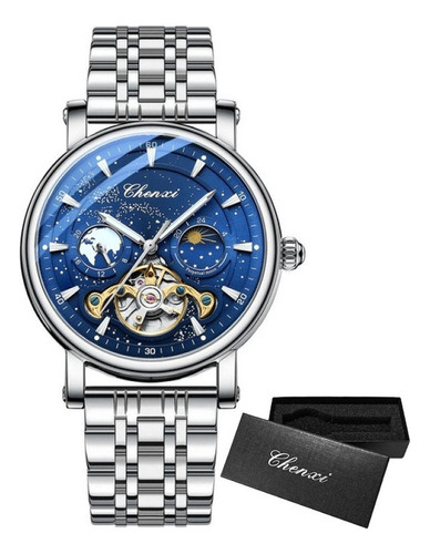 Relógio Mecânico Para Homens De Negócios Em Aço Inoxidável C Cor Do Fundo Silver/blue