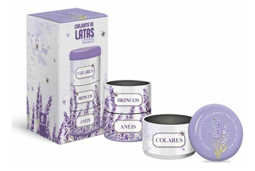 Lata Porta Joias Com 3 Divisorias Presente - Flores Lavanda