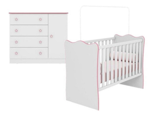 Quarto Bebê Com Berço E Cômoda Alegria Baby Branco Rosa
