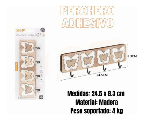 Perchero Adhesivo 4 Ganchos Madera