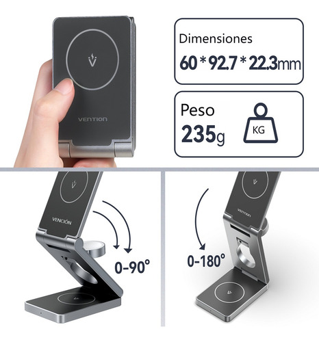 Cargador Inalámbrico 3 En 1 Vention Magsafe Gris