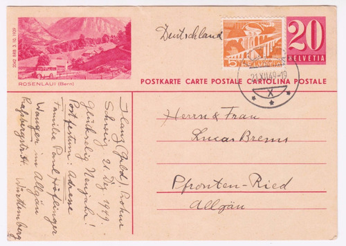 Suiza 1949 Antigua Carta Postal Con 2 Sellos Al99