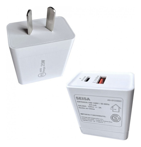 Enchufe Cargador Carga Rapida 20w Usb 3.0 2.1 A + Usb C Pd Color Blanco