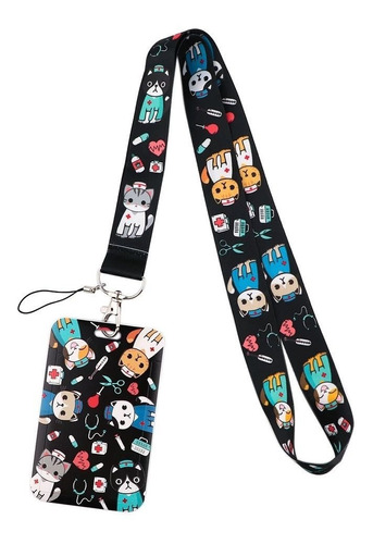 Lanyard Gatos Enfermera Cinta Colgante Portacredencial Negro