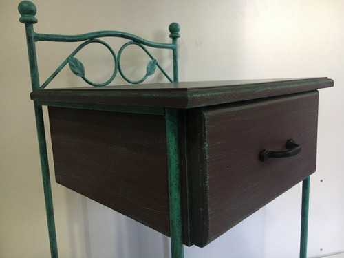Imagen 2 de 8 de Mesa De Luz En Hierro Y Madera Vintage Con 1 Cajon + Estante
