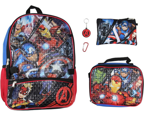 Marvel Avengers 5 Pc Kids Backpack Set Lunch Box Key Chain P