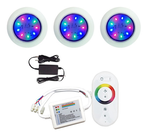 Kit 3 Led Refletor 6w Luminária Rgb Para Piscina + Comando