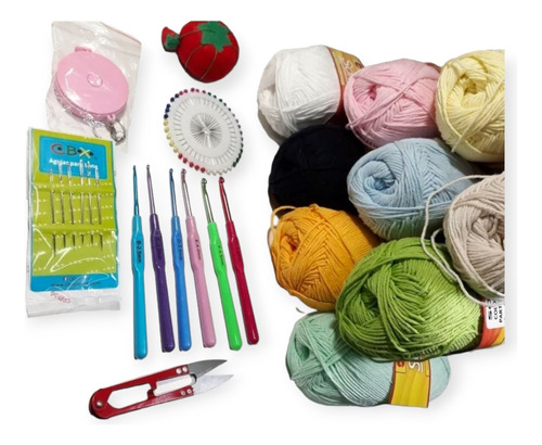 Kit Combo Grande Agujas Crochet Más 10 Ovillos Hilo Lho Sole