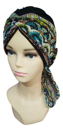 Turbante Oncológico Para Mujer De Algodón C/ Banda Mascada Color Negro Estampado Hip