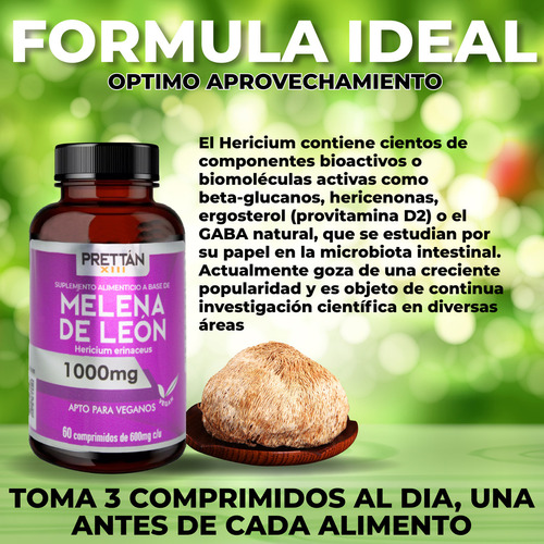 Hongo Melena De León Prettan Suplemento Nootrópico 1000mg Sin Sabor