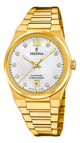 Reloj Festina Swiss Made Mujer Rive Plateado Correa Dorado Bisel Dorado