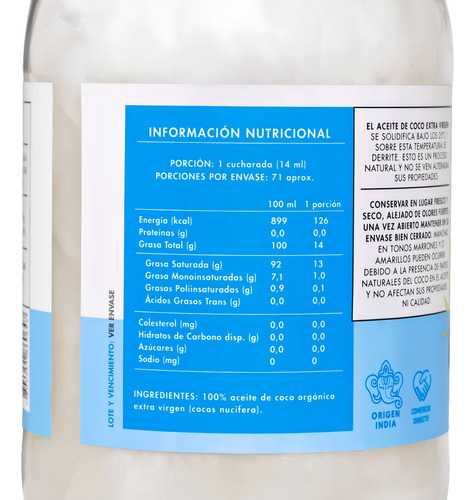 Aceite De Coco Orgánico Extra Virgen Manare 1l Andina Grains