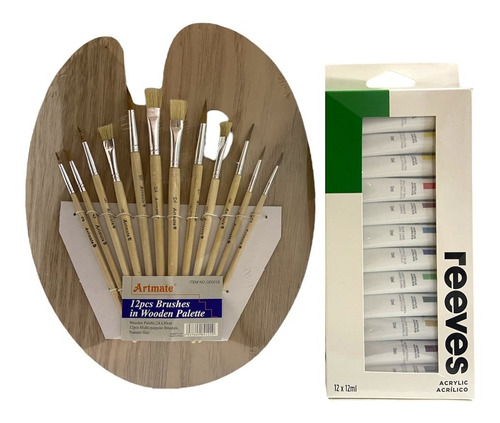 Paleta De Madera Artmate Con 12 Pinceles +12 Pinturas Reeves