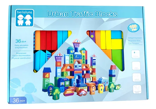 Bloques Madera Colores Construir Ciudad Zoo Infantil 100 Pz