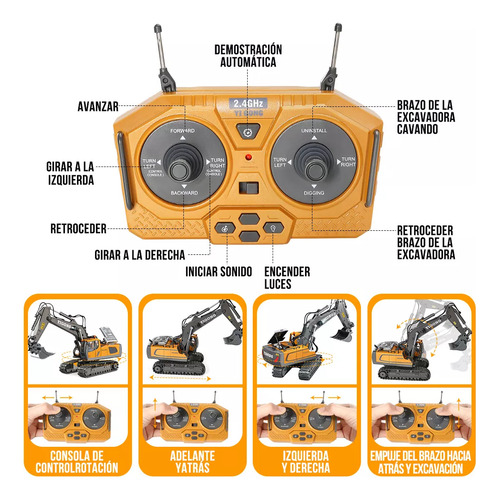 Juguete de Excavadora Slowton Control Remote Amarillo Niños 11 Canales 2.4g Recargable con Luces Sonidos