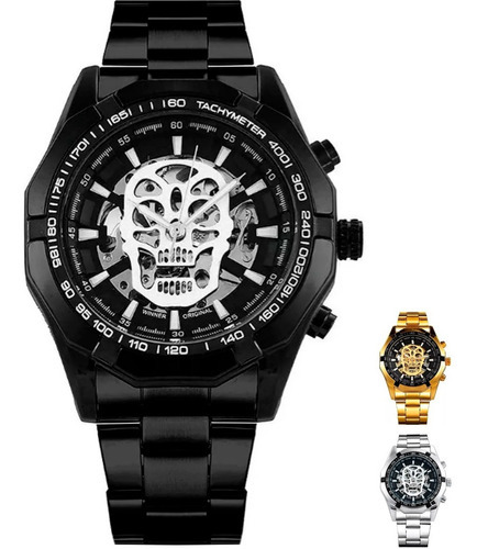 Reloj Winner Hombre Automático Calavera Skull Elegante Color de la correa Negro