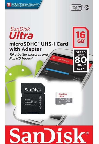 Cartão De Memória Micro Sd16gb Sandisk Ultra Classe 10