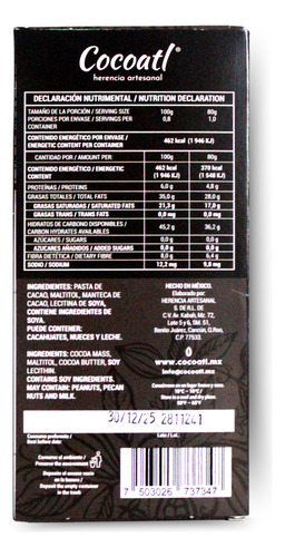 Barra De Chocolate Amargo Cocoatl 72% Cacao 80g - Sin Azúcar