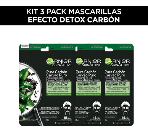 Kit Garnier 3 Pack Mascarilla Facial En Tela Pure Carbón Tipo de piel Normal