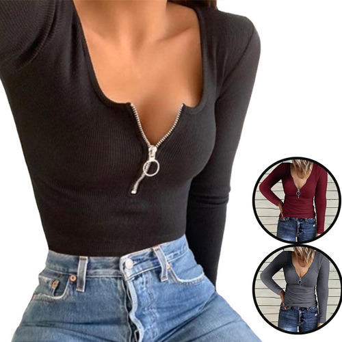 Suéter Con Cuello En V Blusas De Manga Larga Casual Mujer