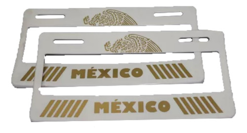 Porta Placa Bandera México Dorado Decorado Blanco 2 Piezas