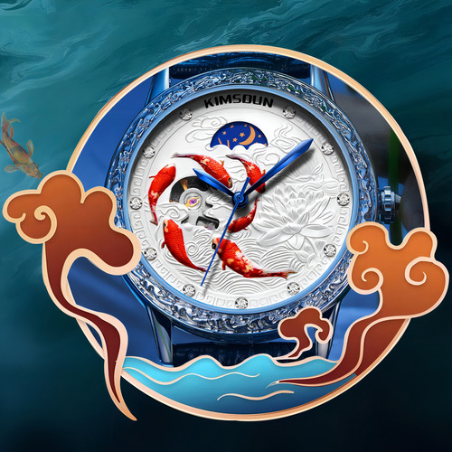 Relógio mecânico Kimsdun Fashion Moon Phase com fundo preto/branco