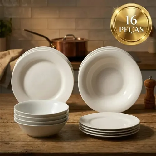 Aparelho De Jantar Kit 16 Peças ​Vidro Branco Jogo Pratos E Bowl Opalino Mesa Resistente Pítia Lisa