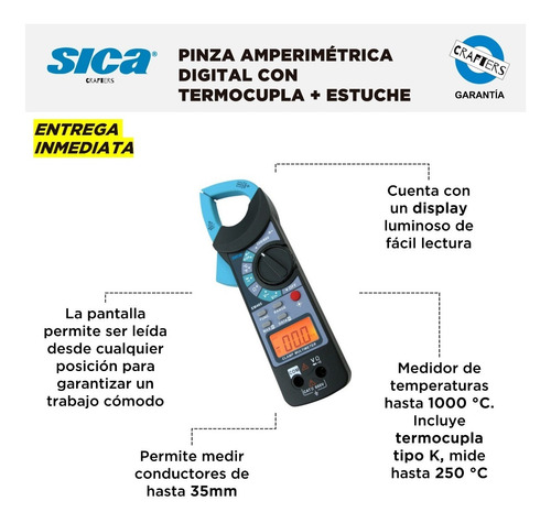 Imagen 2 de 10 de Pinza Amperimétrica Digital Sica Con Termocupla + Estuche