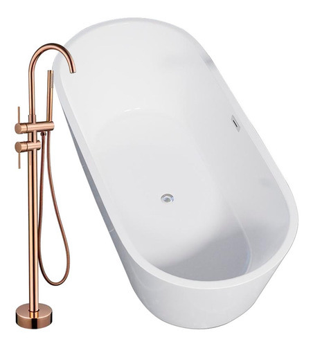 Solana Kit Tina De Baño Ovalada De Acrílico Slim 150x80x60 Cm + Grifo Independiente Cuello Cisne Monomando Gold Rose / Bañera Blanca De Acrílico Solido Térmico / Kit Completo Blanco/goldrose