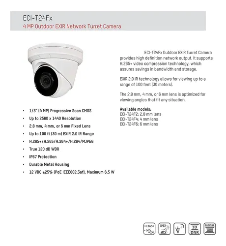 Camara Domo Tipo Torreta Poe Ip Eci-t24f2 De 4 Mp, 2,8 Mm...